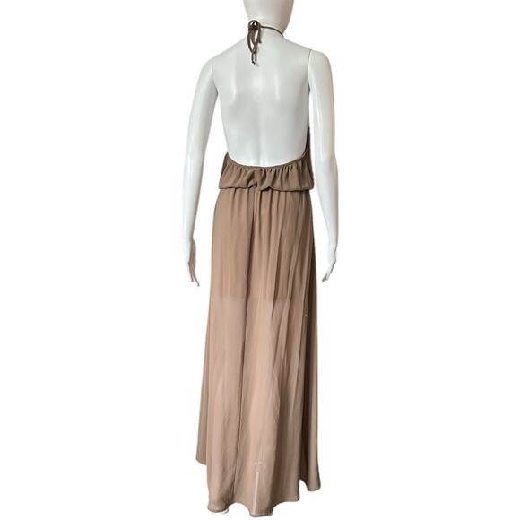 SHOW ME YOUR MUMU HEATHER CHIFFON HALTER DRESS GOWN SZ S TAN STRETCH LAYERED - Picture 5 of 10